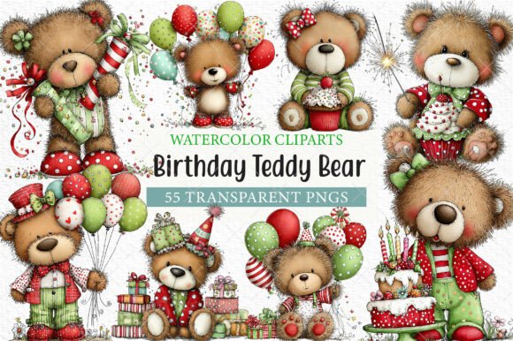 Whimsical Birthday Teddy Bear Clipart for Creators